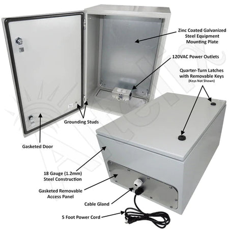Altelix 24x16x12 NEMA 4X Steel Weatherproof Enclosure with 120 VAC Outlets and Power Cord - Nema Supply