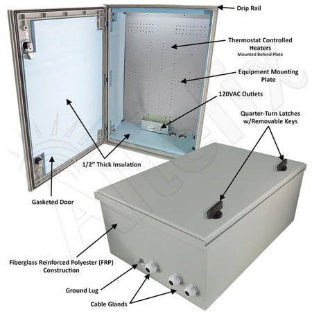 Altelix 24x16x9 Insulated NEMA 4X Fiberglass Heated Weatherproof Enclosure with 400W Heater, Equipment Mounting Plate & 120 VAC Outlets - Nema Supply
