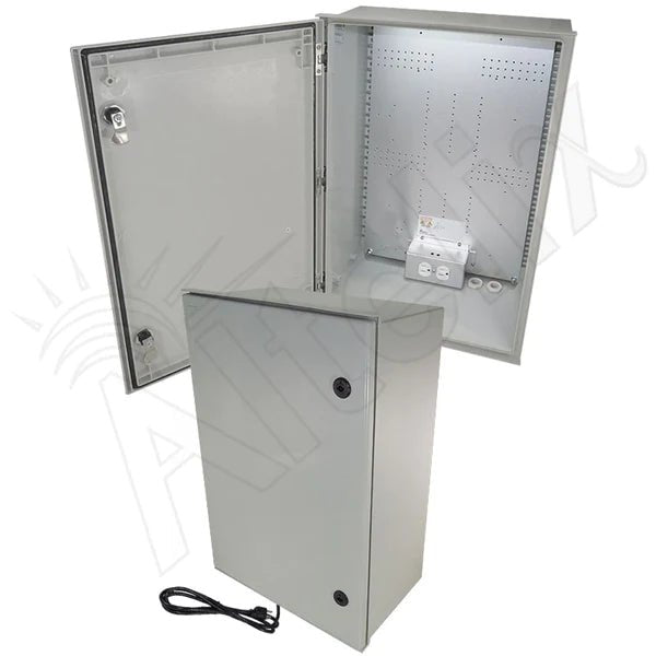 Altelix 24x16x9 NEMA 4X Fiberglass Heated Weatherproof Enclosure with Equipment Mounting Plate, 120 VAC Outlets & Power Cord - Nema Supply