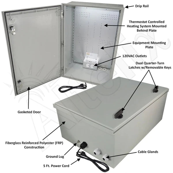 Altelix 24x16x9 NEMA 4X Fiberglass Heated Weatherproof Enclosure with Equipment Mounting Plate, 120 VAC Outlets & Power Cord - Nema Supply