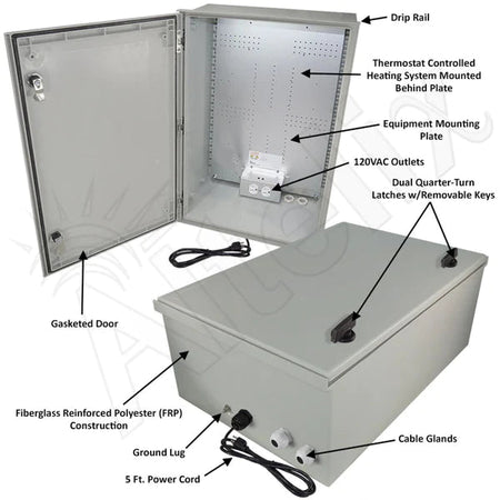Altelix 24x16x9 NEMA 4X Fiberglass Heated Weatherproof Enclosure with Equipment Mounting Plate, 120 VAC Outlets & Power Cord - Nema Supply