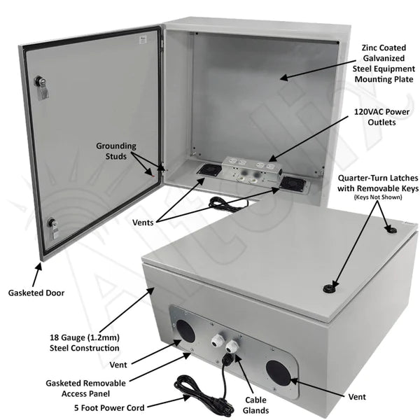 Altelix 24x20x12 Vented Steel Weatherproof NEMA Enclosure with 120 VAC Outlets and Power Cord - Nema Supply