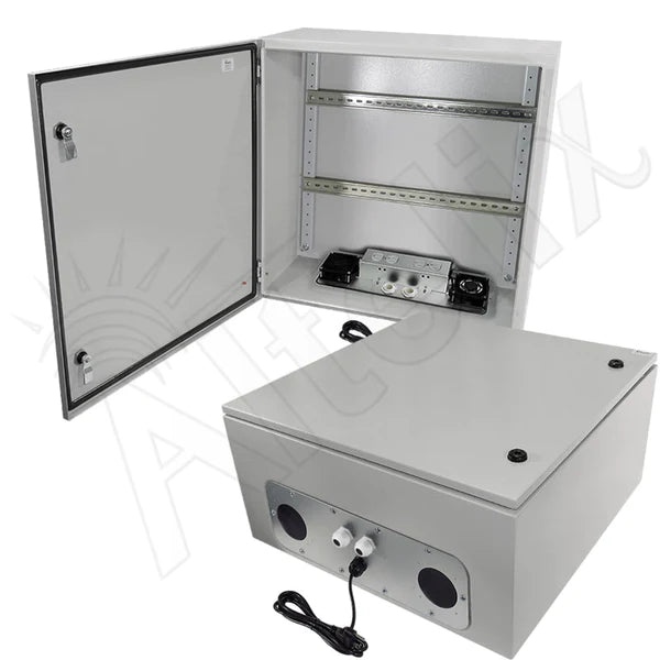 Altelix 24x24x12 Industrial DIN Rail Steel Weatherproof NEMA Enclosure with Dual Cooling Fans, 120 VAC Outlets and Power Cord - Nema Supply