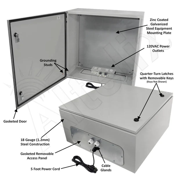 Altelix 24x24x12 NEMA 4X Steel Weatherproof Enclosure with 120 VAC Outlets and Power Cord - Nema Supply