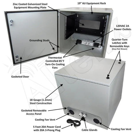 Altelix 24x24x16 120VAC 20A Steel NEMA Enclosure for UPS Power Systems with 19" Wide 6U Rack, 20A Power Outlets, Power Cord & 85°F Turn - On Cooling Fans - Nema Supply