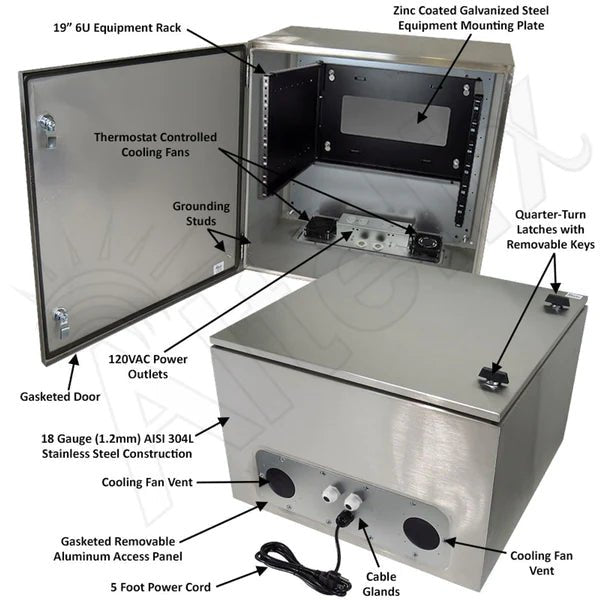 Altelix 24x24x16 19" Wide 6U Rack Stainless Steel Weatherproof NEMA Enclosure with Dual Cooling Fans, 120 VAC Outlets and Power Cord - Nema Supply
