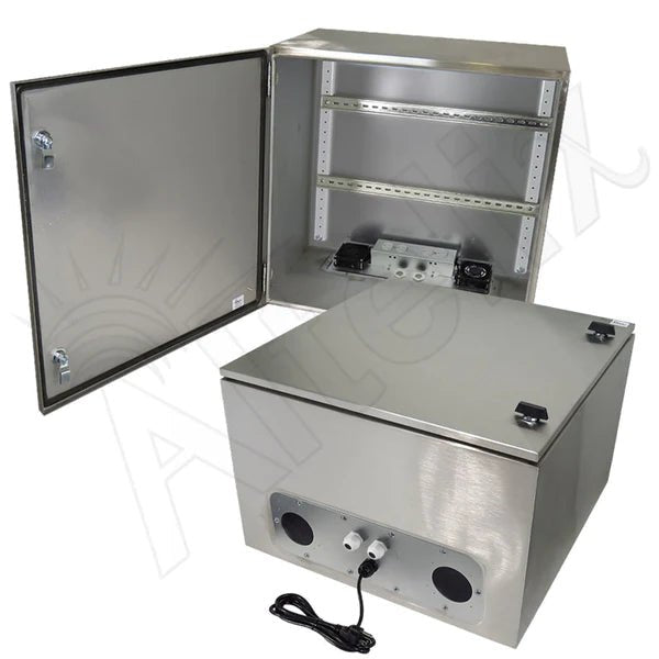 Altelix 24x24x16 Industrial DIN Rail Stainless Steel Weatherproof NEMA Enclosure with 120 VAC Outlets, Power Cord & 85°F Turn - On Cooling Fans - Nema Supply