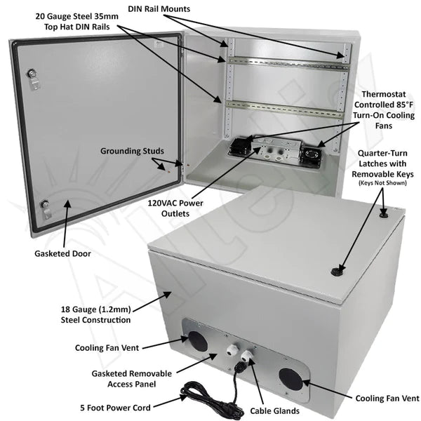 Altelix 24x24x16 Industrial DIN Rail Steel Weatherproof NEMA Enclosure with 120 VAC Outlets, Power Cord & 85°F Turn - On Cooling Fans - Nema Supply
