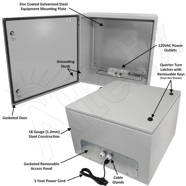 Altelix 24x24x16 NEMA 4X Steel Weatherproof Enclosure with 120 VAC Outlets and Power Cord - Nema Supply