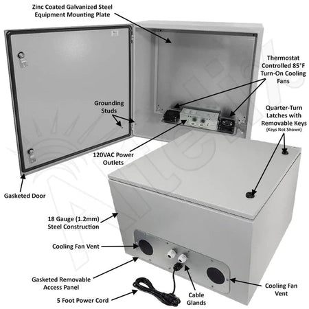 Altelix 24x24x16 Steel Weatherproof NEMA Enclosure with 120 VAC Outlets, Power Cord & 85°F Turn - On Cooling Fans - Nema Supply