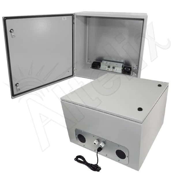 Altelix 24x24x16 Steel Weatherproof NEMA Enclosure with 120 VAC Outlets, Power Cord & 85°F Turn - On Cooling Fans - Nema Supply