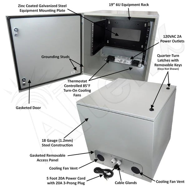 Altelix 24x24x24 120VAC 20A Steel NEMA Enclosure for UPS Power Systems with 19" Wide 6U Rack, 20A Power Outlets, Power Cord & 85°F Turn - On Cooling Fans - Nema Supply