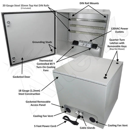 Altelix 24x24x24 Industrial DIN Rail Steel Weatherproof NEMA Enclosure with 120 VAC Outlets, Power Cord & 85°F Turn - On Cooling Fans - Nema Supply
