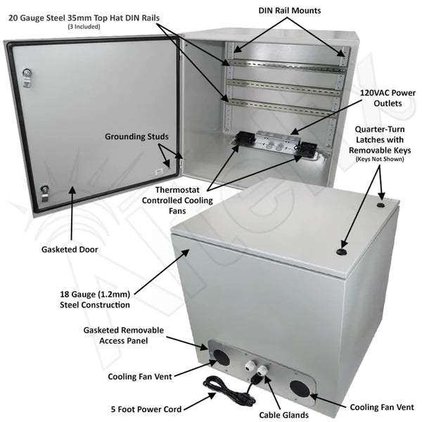Altelix 24x24x24 Industrial DIN Rail Steel Weatherproof NEMA Enclosure with Dual Cooling Fans, 120 VAC Outlets and Power Cord - Nema Supply