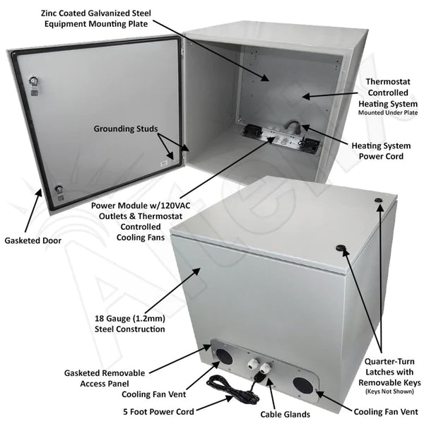 Altelix 24x24x24 Steel Heated Weatherproof NEMA Enclosure with Dual Cooling Fans, 400W Heater, 120 VAC Outlets and Power Cord - Nema Supply