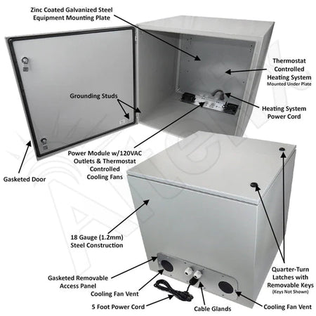 Altelix 24x24x24 Steel Heated Weatherproof NEMA Enclosure with Dual Cooling Fans, 400W Heater, 120 VAC Outlets and Power Cord - Nema Supply