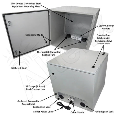 Altelix 24x24x24 Steel Weatherproof NEMA Enclosure with Dual Cooling Fans, 120 VAC Outlets and Power Cord - Nema Supply