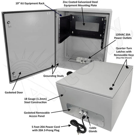 Altelix 28x24x16 120VAC 20A Steel NEMA 4X Enclosure for UPS Power Systems with 19" Wide 6U Rack, 20A Power Outlets & Power Cord - Nema Supply