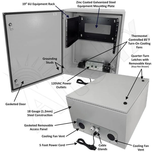 Altelix 28x24x16 19" Wide 6U Rack Steel Weatherproof NEMA Enclosure with 120 VAC Outlets, Power Cord & 85°F Turn - On Cooling Fans - Nema Supply