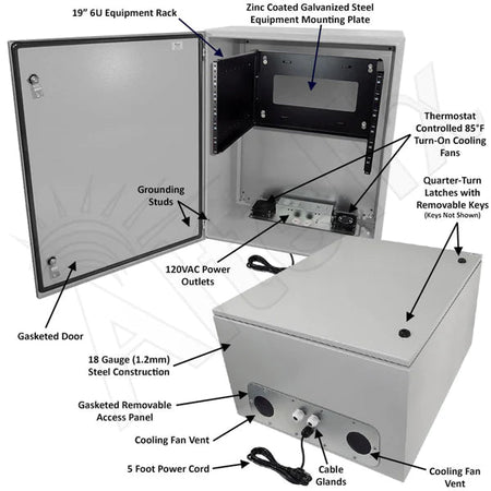 Altelix 28x24x16 19" Wide 6U Rack Steel Weatherproof NEMA Enclosure with 120 VAC Outlets, Power Cord & 85°F Turn - On Cooling Fans - Nema Supply