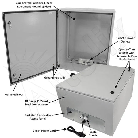 Altelix 28x24x16 NEMA 4X Steel Weatherproof Enclosure with 120 VAC Outlets and Power Cord - Nema Supply
