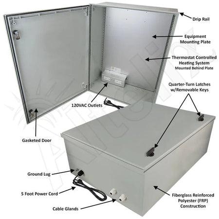 Altelix 32x24x12 NEMA 4X Fiberglass Heated Weatherproof Enclosure with Equipment Mounting Plate, 400W Heater & 120 VAC Outlets - Nema Supply