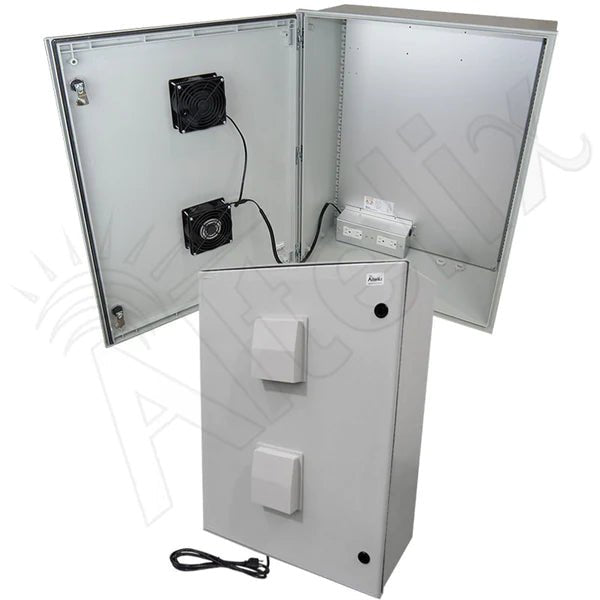 Altelix 32x24x12 Vented Fiberglass Heated Weatherproof NEMA Enclosure with Dual Cooling Fans, 400W Heater, 120 VAC Outlets & Power Cord - Nema Supply
