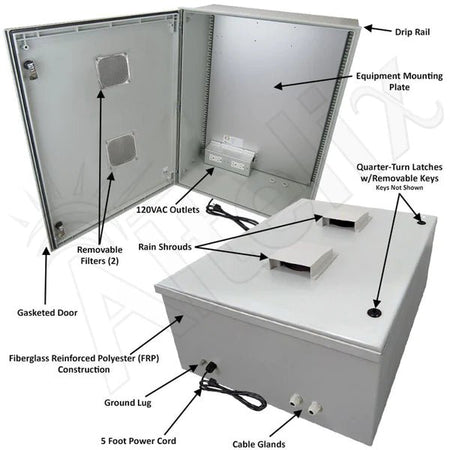 Altelix 32x24x12 Vented Fiberglass Weatherproof NEMA Enclosure with Equipment Mounting Plate, 120 VAC Outlets & Power Cord - Nema Supply