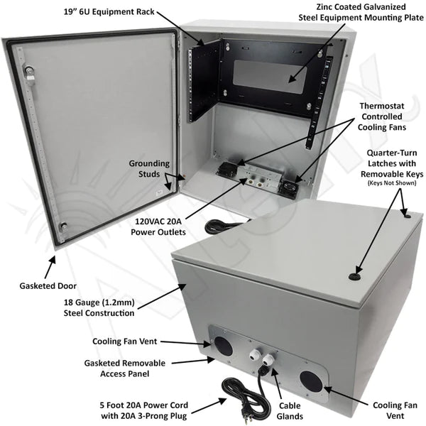 Altelix 32x24x16 120VAC 20A Steel NEMA Enclosure for UPS Power Systems with 19" Wide 6U Rack, Dual Cooling Fans, 20A Power Outlets & Power Cord - Nema Supply