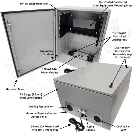 Altelix 32x24x16 120VAC 20A Steel NEMA Enclosure for UPS Power Systems with 19" Wide 6U Rack, Dual Cooling Fans, 20A Power Outlets & Power Cord - Nema Supply