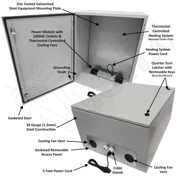 Altelix 32x24x16 Steel Heated Weatherproof NEMA Enclosure with Dual Cooling Fans, 400W Heater, 120 VAC Outlets and Power Cord - Nema Supply