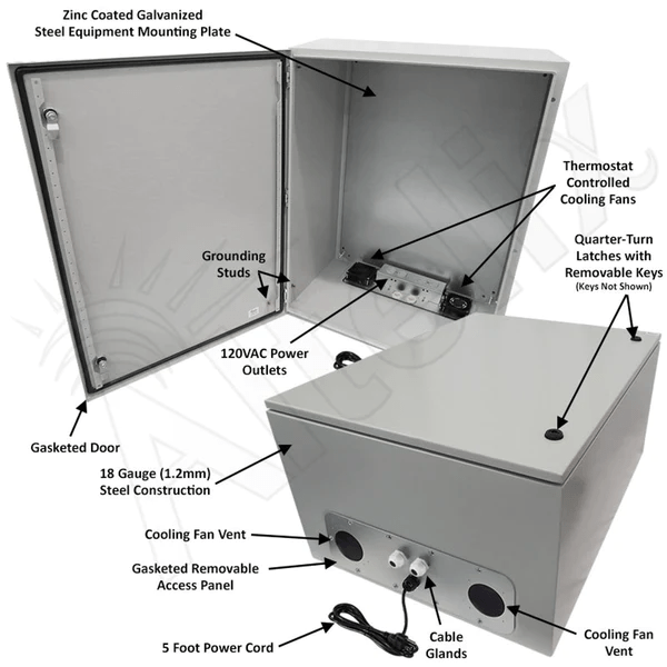Altelix 32x24x16 Steel Weatherproof NEMA Enclosure with Dual Cooling Fans, 120 VAC Outlets and Power Cord - Nema Supply
