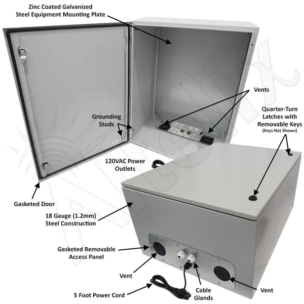 Altelix 32x24x16 Vented Steel Weatherproof NEMA Enclosure with 120 VAC Outlets and Power Cord - Nema Supply